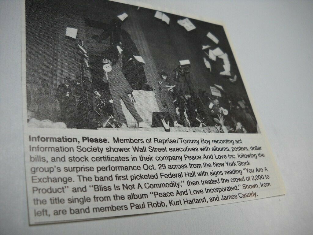 Information Society Shower Wall Street Execs... 1992 Music Biz Promo Pic/text