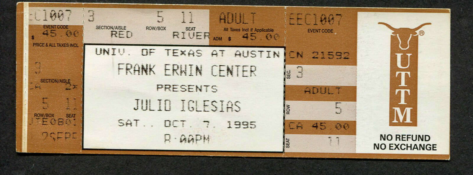 1995 Julio Iglesias Unused Full Concert Ticket Erwin Center Austin Tx