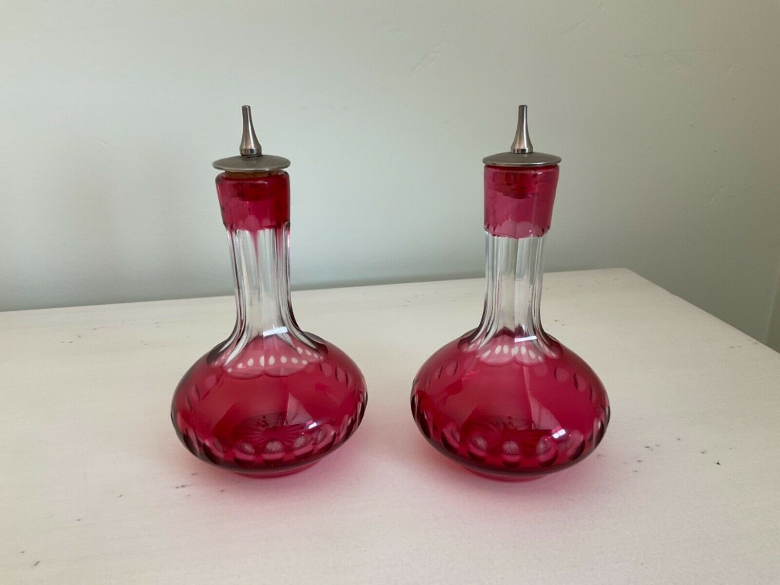 Cranberry Glass Vintage Oil & Vinegar Cruets Glass Bottles Cork Stoppers