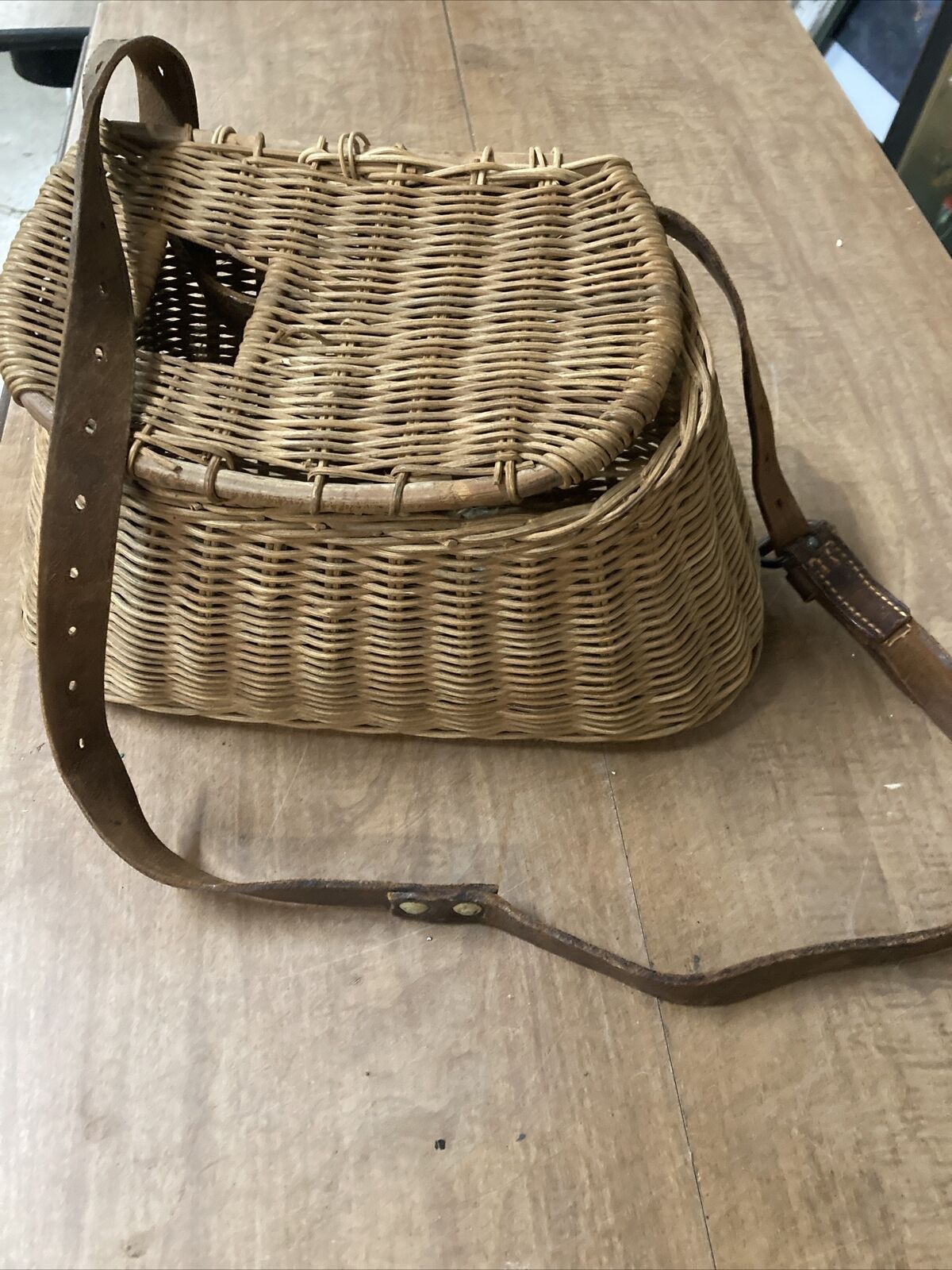 Antique Wicker Fishing Basket With Leather Shoulder Strap Rare Woven Vintage