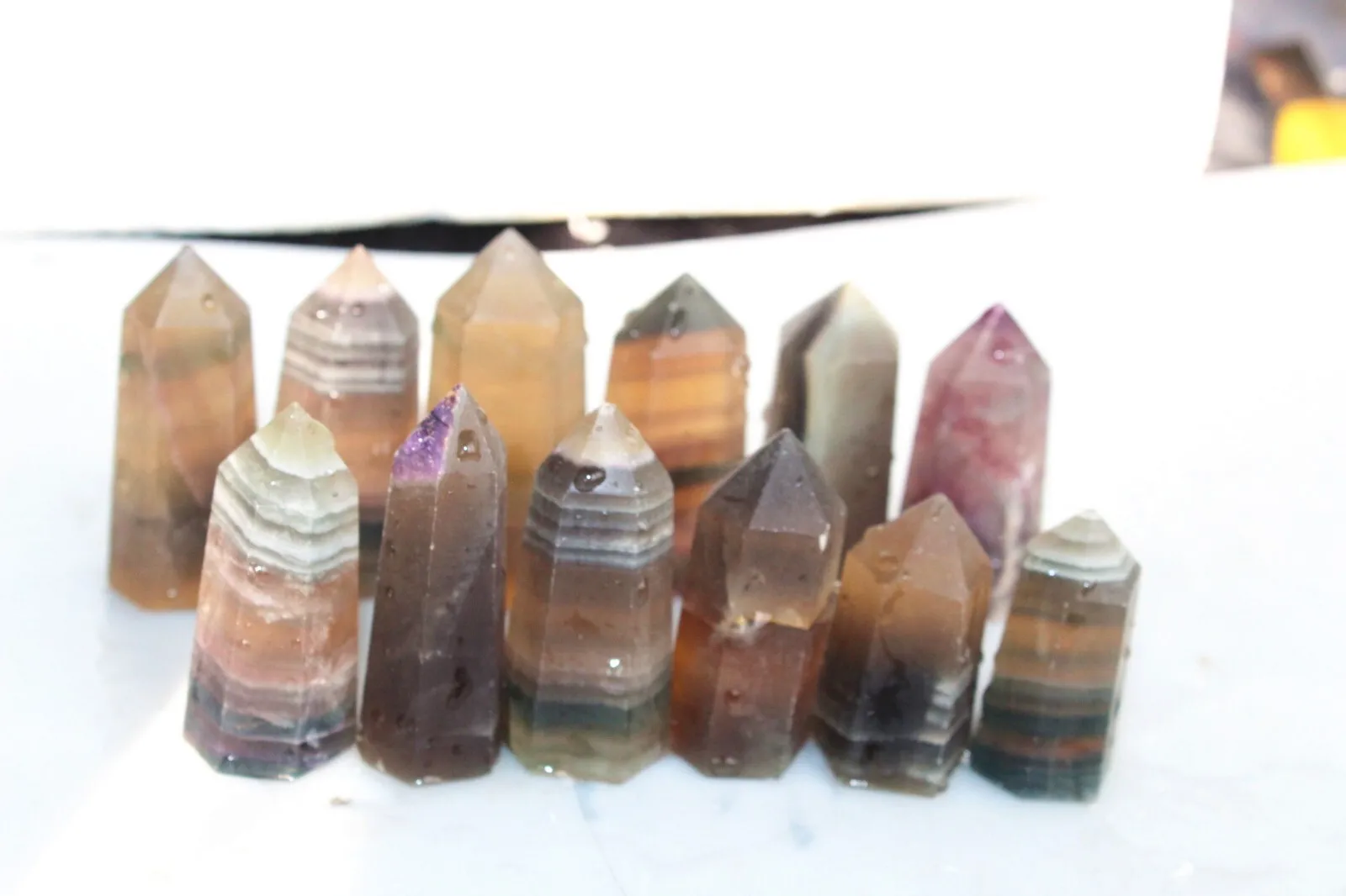 12 Rare Natural Bright-coloured Fluorite Crystal Wand Points  Healing J44*