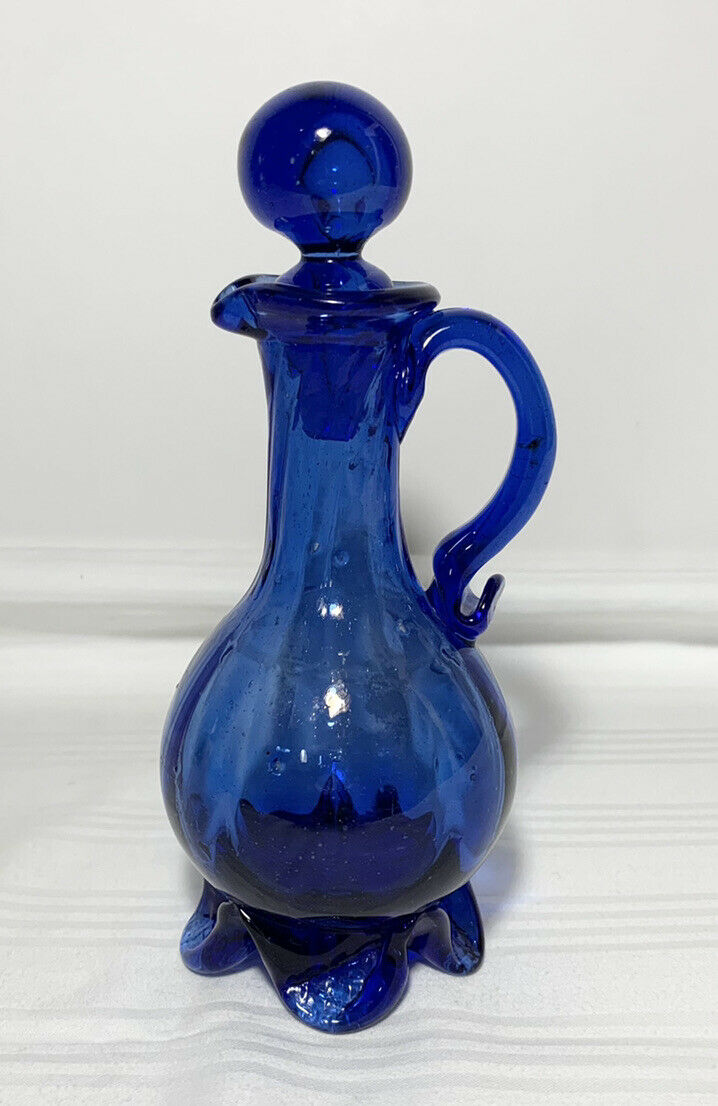 Vintage Cobalt Blue Hand Blown Glass Cruet Bottle With Stopper