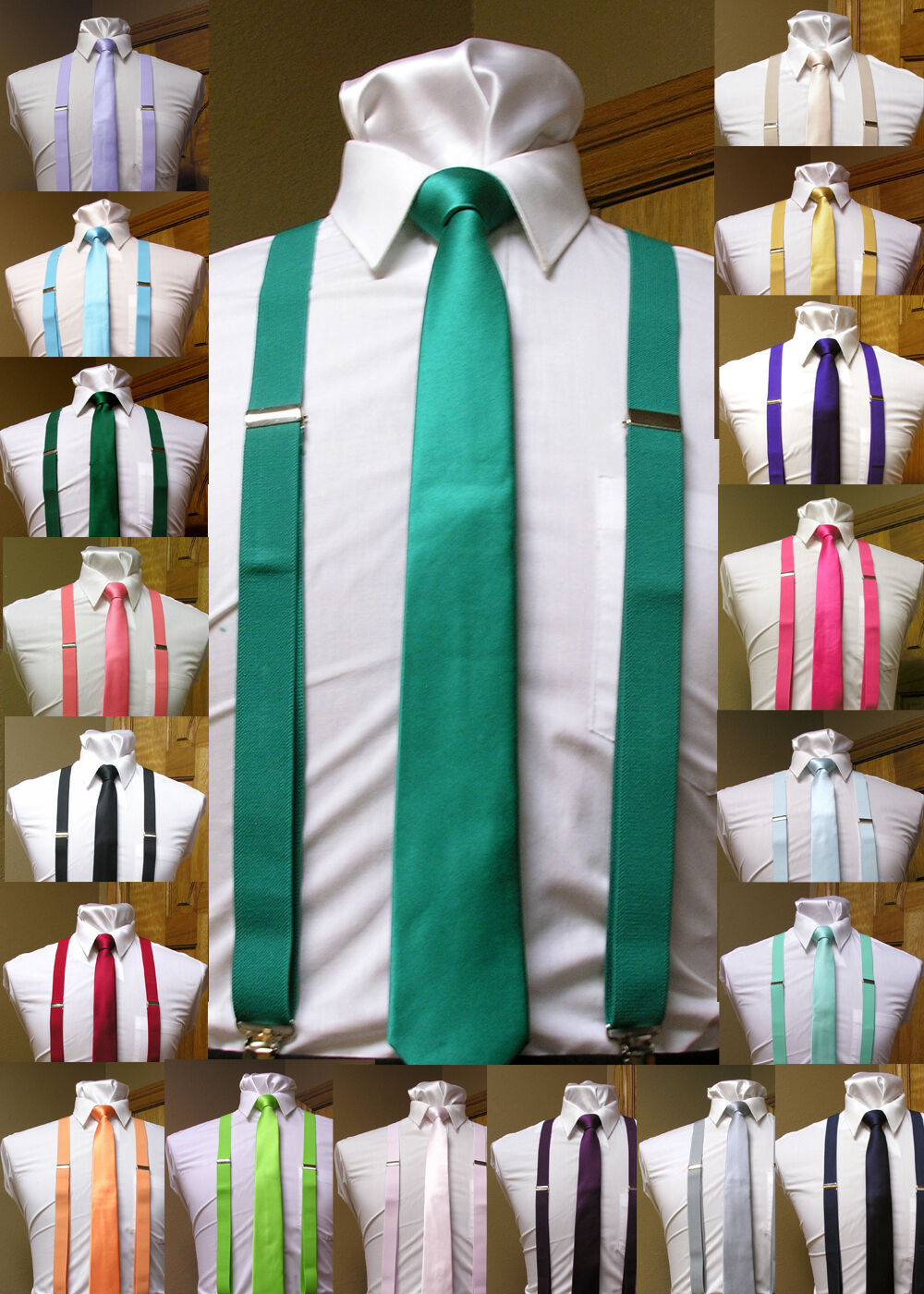 Matching Skinny Tie And Suspenders Set Men's Clip-on X Back Longer Necktie Prom