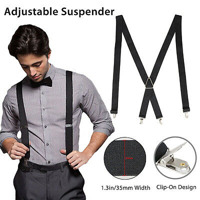 Mens Black X-back Clip-on Suspenders Adjustable Elastic Retro Formal Braces Tux